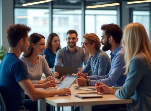Diverse group of Prime Fitness support staff smiling and collaborating in an office